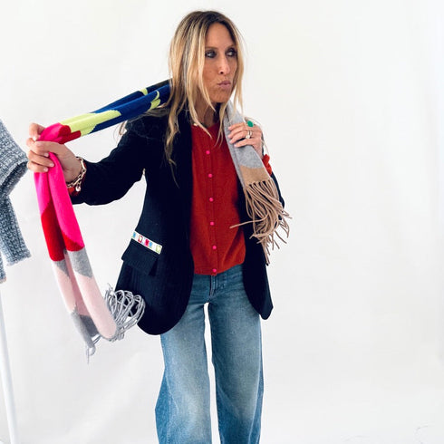 Bassett rust cashmere cardigan, features a round neck, covered contrast buttons, and embroidered 'Loved' artwork - Cute women's cardigans by Kerri Rosenthal