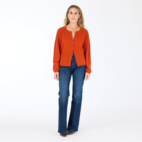 Bassett rust cashmere cardigan, features a round neck, covered contrast buttons, and embroidered 'Loved' artwork - Cute women's cardigans by Kerri Rosenthal