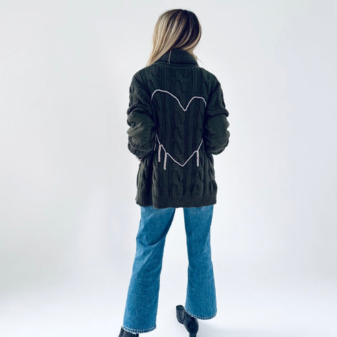 Helen shawl collar green button-front cardigan in cotton cashmere blend with multi-color braided art and pockets - Shop women’s cardigans by Kerri Rosenthal