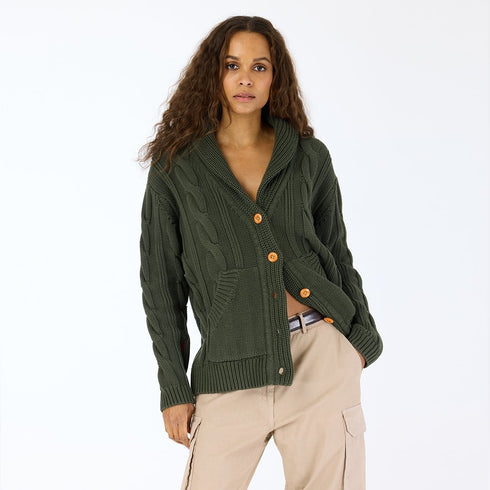 Helen shawl collar green button-front cardigan in cotton cashmere blend with multi-color braided art and pockets - Shop women’s cardigans by Kerri Rosenthal