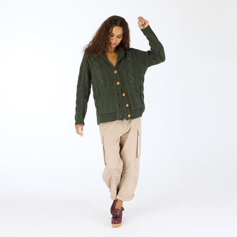 Helen shawl collar green button-front cardigan in cotton cashmere blend with multi-color braided art and pockets - Shop women’s cardigans by Kerri Rosenthal