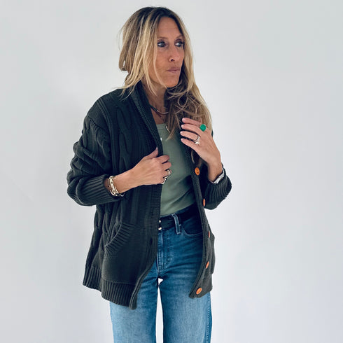 Helen shawl collar green button-front cardigan in cotton cashmere blend with multi-color braided art and pockets - Shop women’s cardigans by Kerri Rosenthal