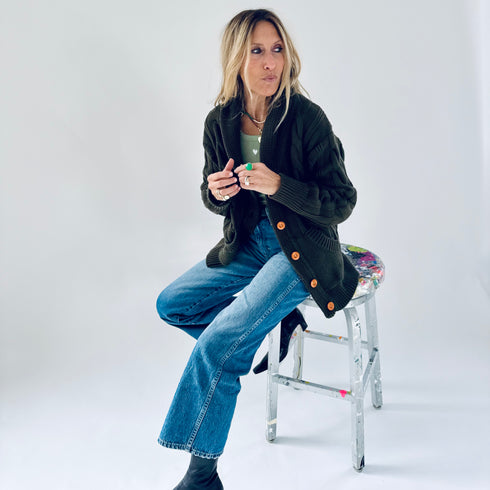 Helen shawl collar green button-front cardigan in cotton cashmere blend with multi-color braided art and pockets - Shop women’s cardigans by Kerri Rosenthal