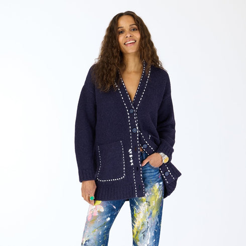 Poppy Smiley button-front indigo blue wool cashmere blend cardigan with patch pockets and oval elbow patches - Shop women’s cardigans by Kerri Rosenthal