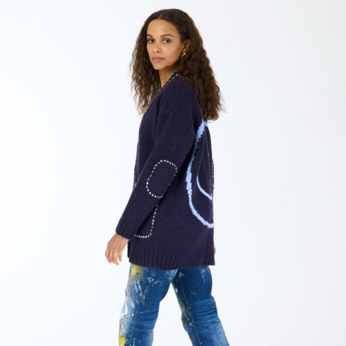 Poppy Smiley button-front indigo blue wool cashmere blend cardigan with patch pockets and oval elbow patches - Shop women’s cardigans by Kerri Rosenthal