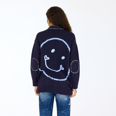 Poppy Smiley button-front indigo blue wool cashmere blend cardigan with patch pockets and oval elbow patches - Shop women’s cardigans by Kerri Rosenthal
