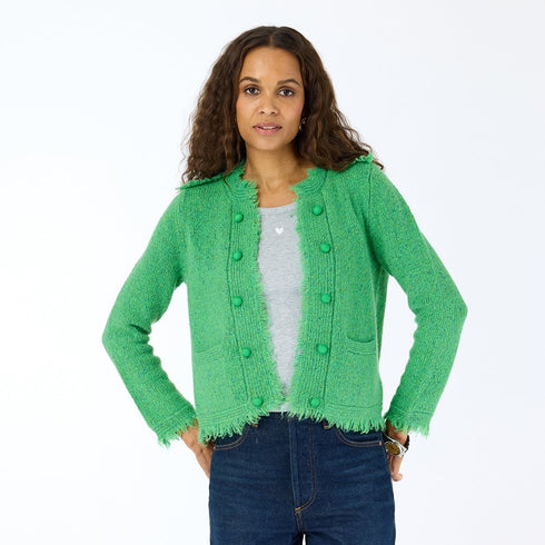 The fringe Beau-Lero cashmere green cardigan with an open front and the tiny 'Imperfect Heart' design - Shop cute women's cardigans by Kerri Rosenthal