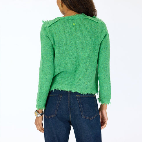 The fringe Beau-Lero cashmere green cardigan with an open front and the tiny 'Imperfect Heart' design - Shop cute women's cardigans by Kerri Rosenthal