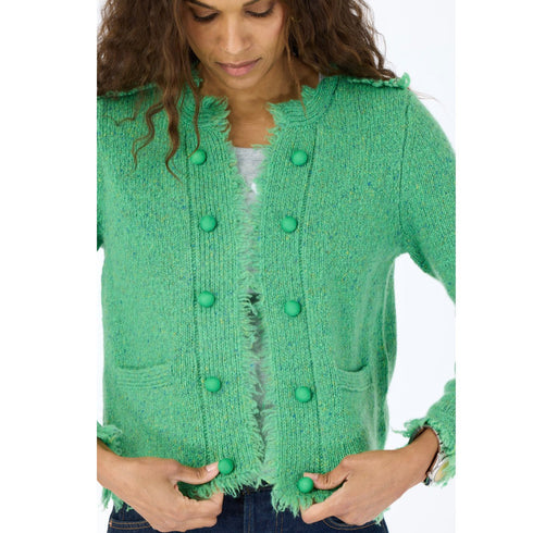 The fringe Beau-Lero cashmere green cardigan with an open front and the tiny 'Imperfect Heart' design - Shop cute women's cardigans by Kerri Rosenthal