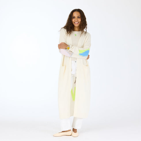 Super Duper From Love beige cashmere duster long cardigan with contrast heart elbow patches and artwork - Women’s long cardigans by Kerri Rosenthal