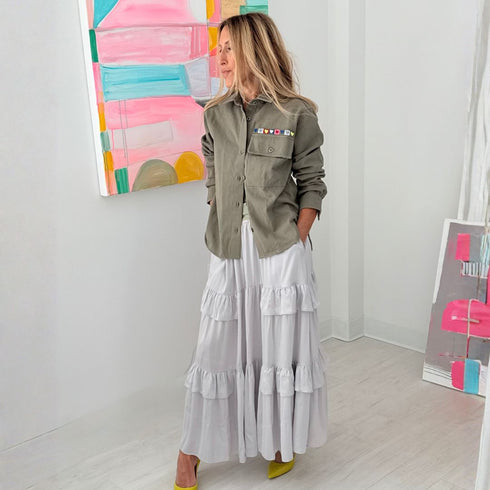 Athena grey tiered ruffle satin maxi skirt with a self-drawcord elastic waistband and pockets - Shop cute women’s long maxi skirts by Kerri Rosenthal