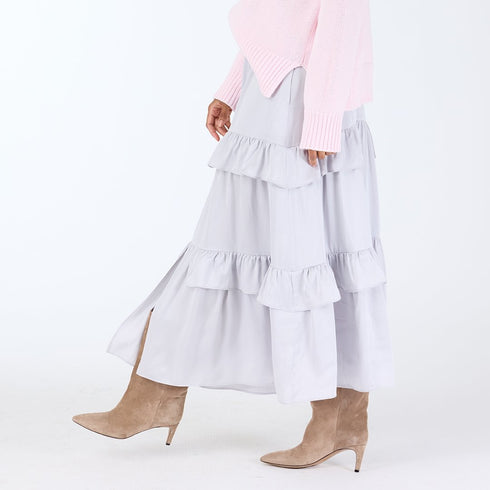Athena grey tiered ruffle satin maxi skirt with a self-drawcord elastic waistband and pockets - Shop cute women’s long maxi skirts by Kerri Rosenthal