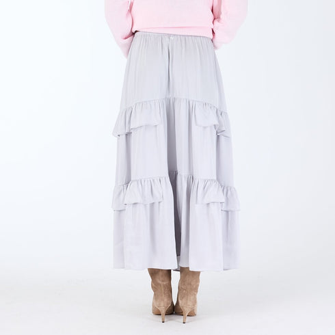 Athena grey tiered ruffle satin maxi skirt with a self-drawcord elastic waistband and pockets - Shop cute women’s long maxi skirts by Kerri Rosenthal