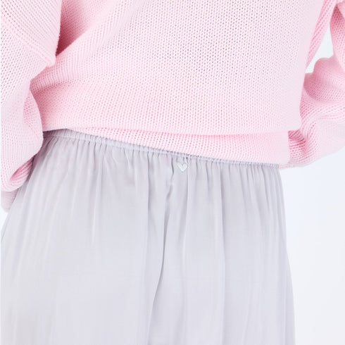 Athena grey tiered ruffle satin maxi skirt with a self-drawcord elastic waistband and pockets - Shop cute women’s long maxi skirts by Kerri Rosenthal