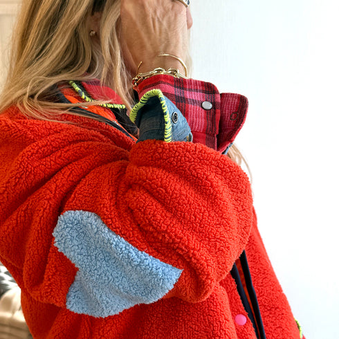 The Coze Magoze rust teddy jacket with contrast heart elbow patches and side pockets - Shop cute women's jackets by Kerri Rosenthal