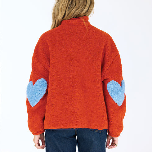 The Coze Magoze rust teddy jacket with contrast heart elbow patches and side pockets - Shop cute women's jackets by Kerri Rosenthal
