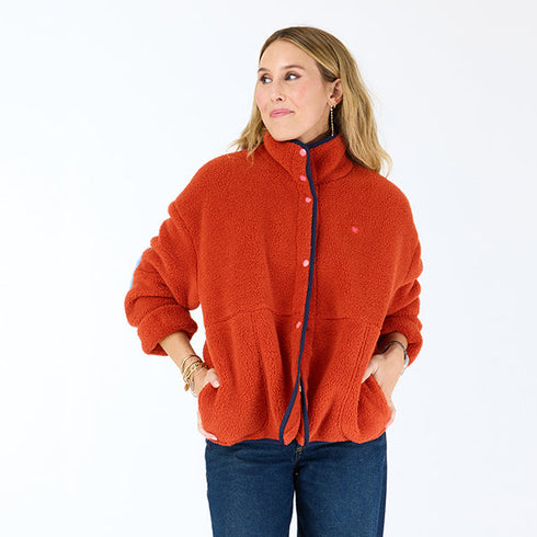 The Coze Magoze rust teddy jacket with contrast heart elbow patches and side pockets - Shop cute women's jackets by Kerri Rosenthal