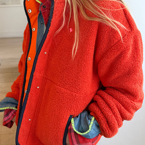 The Coze Magoze rust teddy jacket with contrast heart elbow patches and side pockets - Shop cute women's jackets by Kerri Rosenthal