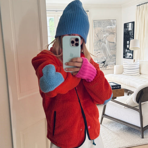 The Coze Magoze rust teddy jacket with contrast heart elbow patches and side pockets - Shop cute women's jackets by Kerri Rosenthal