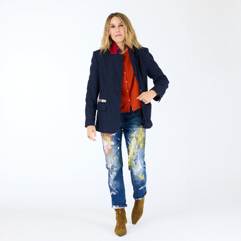The Workday Love Brigade indigo blue wool-blend blazer jacket with double flap pockets - Shop cute women’s blazers by Kerri Rosenthal