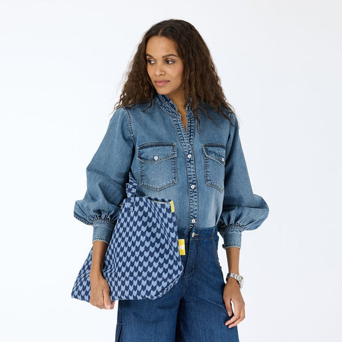 The KR heart blue check tote made from 100% cotton canvas with an inside pocket and an imperfect heart bag charm - Shop women’s tote bags by Kerri Rosenthal