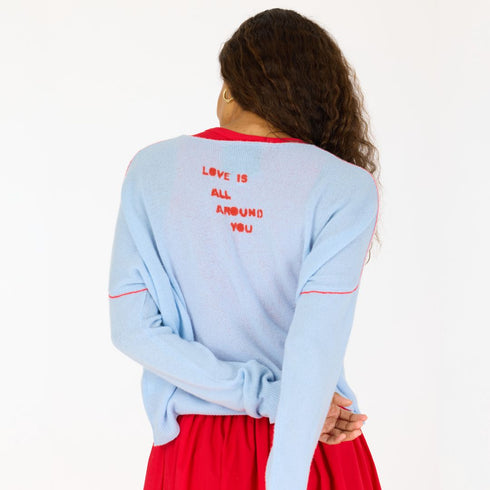 Blue camille love Is all around you sweater 100% featherweight cashmere with cuff sleeve - Cute women's sweaters by Kerri Rosenthal