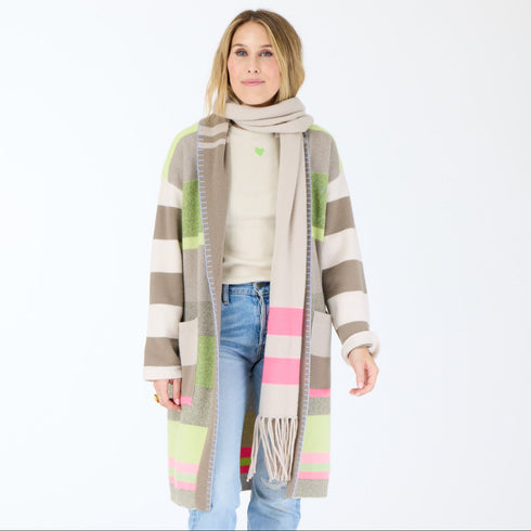 The beige multi-stripe 100% cashmere scarf with softly fringed edges - Shop cute women’s scarves by Kerri Rosenthal
