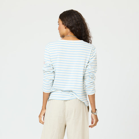 KR blue white stripe long sleeve tee made of 100% cotton with embroidered at wearer's left sleeve in contrast color and binding at neckline - Cute women's tees by Kerri Rosenthal