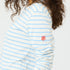 KR blue white stripe long sleeve tee made of 100% cotton with embroidered at wearer's left sleeve in contrast color and binding at neckline - Cute women's tees by Kerri Rosenthal