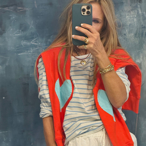 The ex-boyfriend imperfect heart red sweatshirt in 100% cotton fleece with heart elbow patches - Shop cute women’s sweatshirts by Kerri Rosenthal