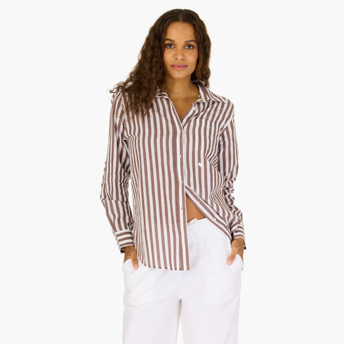 Mia stripe brown white 100% cotton striped button shirt with self patch pocket and imperfect heart embroidery - Cute women's button shirts by Kerri Rosenthal