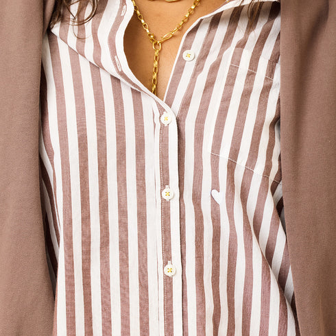 Mia stripe brown white 100% cotton striped button shirt with self patch pocket and imperfect heart embroidery - Cute women's button shirts by Kerri Rosenthal