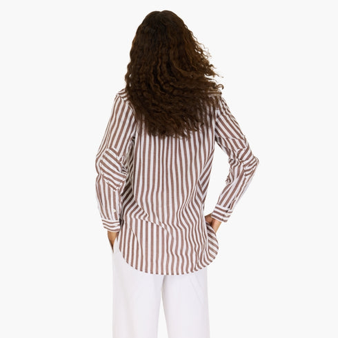 Mia stripe brown white 100% cotton striped button shirt with self patch pocket and imperfect heart embroidery - Cute women's button shirts by Kerri Rosenthal