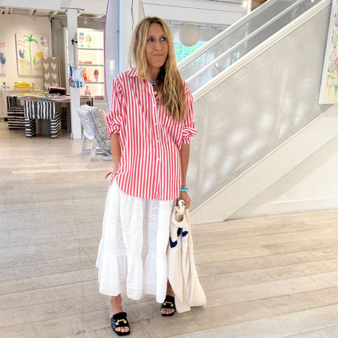 Mia red white striped cotton button-up shirt with patch pocket and imperfect heart embroidery - Cute women's shirts by Kerri Rosenthal