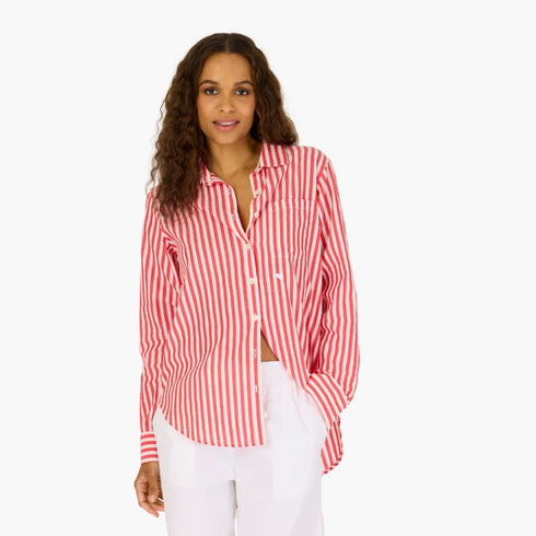 Mia stripe red white 100% cotton striped button shirt with self patch pocket and imperfect heart embroidery - Cute women's button shirts by Kerri Rosenthal