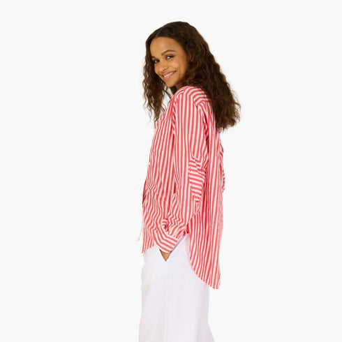 Mia stripe red white 100% cotton striped button shirt with self patch pocket and imperfect heart embroidery - Cute women's button shirts by Kerri Rosenthal