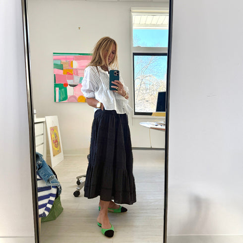 Rosen ruffle white blouse with vacance black midi skirt made of 100% cotton - Cute women's tops and skirts by Kerri Rosenthal