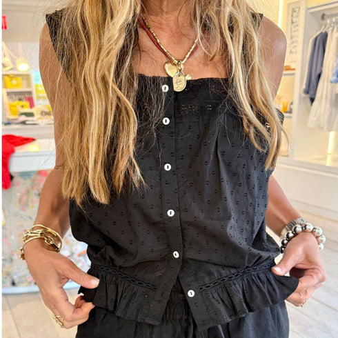 Pippa black blouse with straps, made from textured woven cotton, featuring front bodice lace and flounce ruffle - Cute women's tops by Kerri Rosenthal