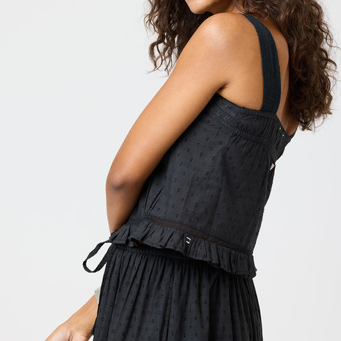 Pippa black straps blouse made of 100% cotton textured woven, front bodice lace and flounce ruffle - Cute womens tops by Kerri Rosenthal