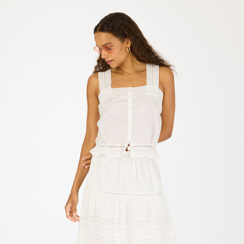 Pippa white straps blouse made of 100% cotton textured woven, front bodice lace and flounce ruffle - Cute womens tops by Kerri Rosenthal