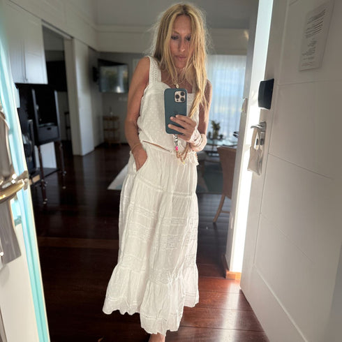 Pippa white straps blouse with vacance white midi skirt made of 100% cotton - Cute womens tops and skirts by Kerri Rosenthal