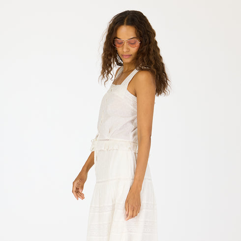 Pippa white straps blouse made of 100% cotton textured woven, front bodice lace and flounce ruffle - Cute womens tops by Kerri Rosenthal