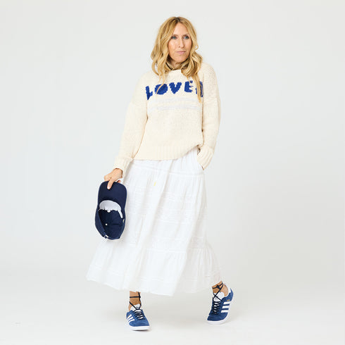 Boyfriend loved natural sweater made of 100% cotton with blue 'Loved' artwork - Cute women's sweaters by Kerri Rosenthal