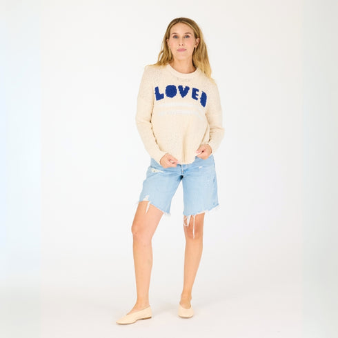 Natural boyfriend loved sweater made of 100% cotton with blue 'Loved' artwork - Cute women's sweaters by Kerri Rosenthal