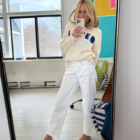 Boyfriend loved natural cotton sweater with blue 'Loved' artwork and white billie alabaster mid-rise straight leg jean - Cute women's sweaters by Kerri Rosenthal