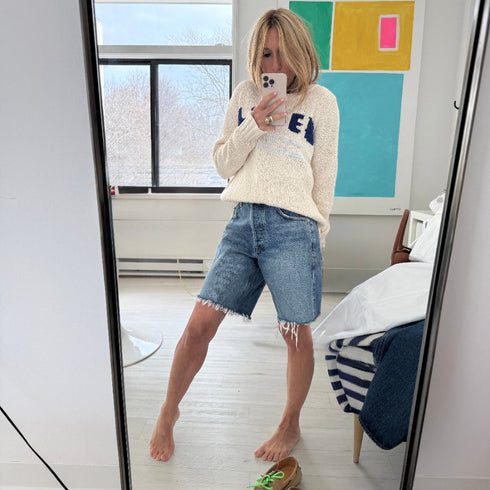 Boyfriend loved natural sweater made of 100% cotton with blue 'Loved' artwork - Cute women's sweaters by Kerri Rosenthal