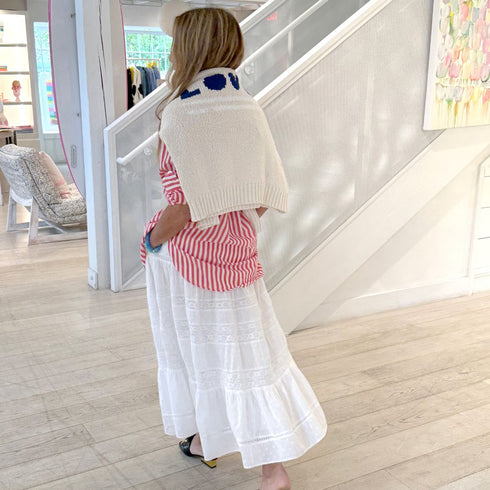 Mia red white striped cotton button-up shirt with long skirt and cardigan