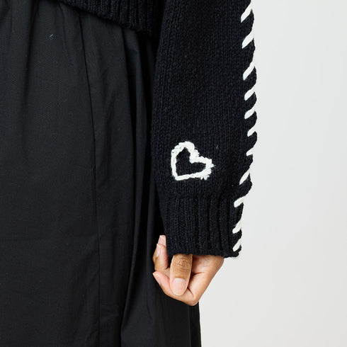 Black sienna open front cardigan made of 100% cotton slub with heart elbows and embroidered smiley - Cute women's cardigans by Kerri Rosenthal