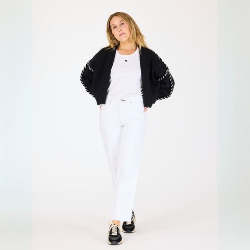 Black sienna open front cardigan made of 100% cotton slub with heart elbows and embroidered smiley - Cute women's cardigans by Kerri Rosenthal