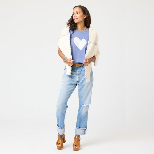 Natural sienna open front cardigan made of 100% cotton slub with heart elbows and embroidered smiley - Cute women's cardigans by Kerri Rosenthal